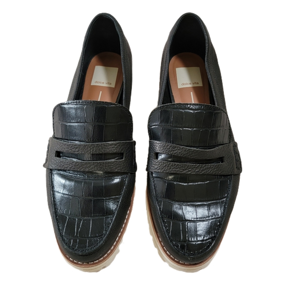 DV By DOLCE VITA Black Onyx Leather Croc Embossed Aubree Flat Loafers SZ 8.5WIDE